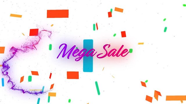 Animation of mega sale text over colorful falling confetti