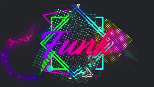 Animation of funk text over colorful geometrical shapes