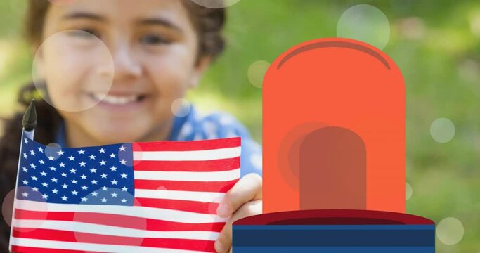 Animation of happy labour day text with hand holding wrench over smiling child and american flag