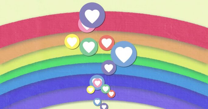 Animation of social media heart icons on rainbow background