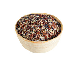 black rice in a wooden plate with a wooden spoon, isolated on a white background