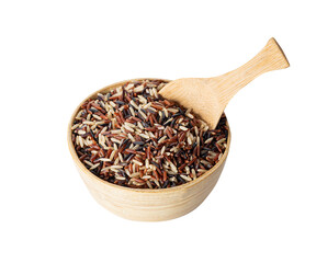 black rice in a wooden plate with a wooden spoon, isolated on a white background