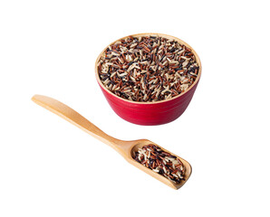 black rice in a wooden plate with a wooden spoon, isolated on a white background