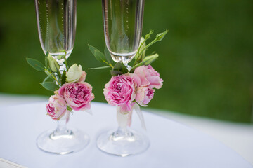 Pink flowers on glasses