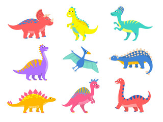 Set van kleurrijke cartoon dinosaurussen.