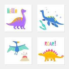 Set of colorful cards with cartoon dinosaurs.