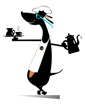 Cartoon dog a cook illustration. Comic dog carries a tray with coffee or tea cup and cream in one hand and a tea or coffee pot in another isolated on white