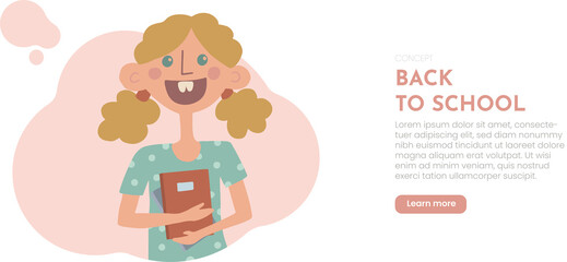 Back to school banner, kid going to school with notebooks, fun vector illustration, website banner