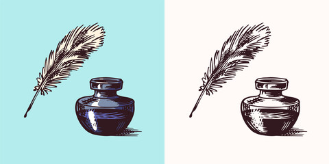 Ink and feather and inkwell in vintage engraved style. Retro vector illustration for woodcut or woodblock or print. Hand drawn. © artbalitskiy