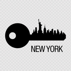 The key with the silhouette of New York isolated on transparent background. Vector illustration.