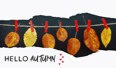 yellow fall leaves on rope, Autumn composition garland  