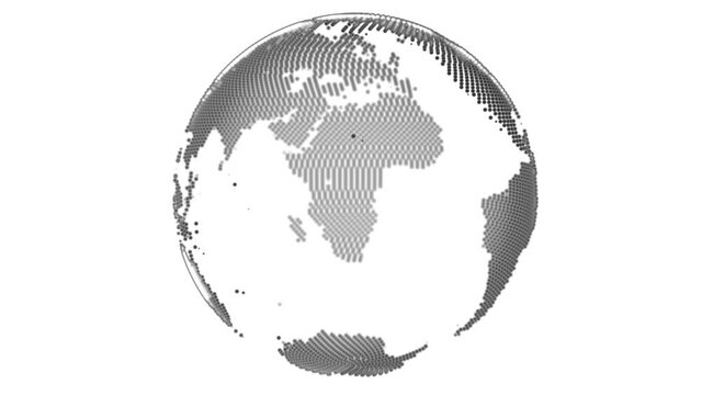 4K Dotted world revolves round dotted map Flashing loop Animation. Particle Earth Digital Hologram Technology Concept. Futuristic Business Global Network Data Globe Map Cyberspace Background.