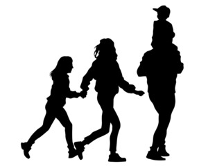 Families with little child walking on street. Isolated silhouettes of people on white background