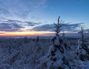 Snow covered landscape morning just before sunrise, Sweden