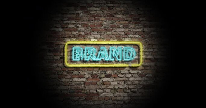 Beautiful BRAND neon sign on a brick wall, 4k texture