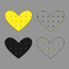 Heart icons set, black, yellow fill color, outline shapes, decorative square elements. Grey background. Vector