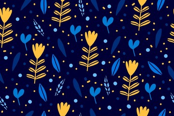 Seamless floral pattern with modern flowers and leaves on blue background