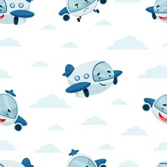 Seamless pattern with cartoon airplane and clouds on a white background. A light blue plane. Different emotions. Vector illustration