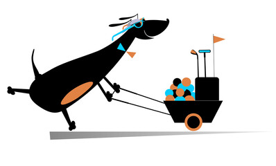 Happy dog golfer. Comic dog goes to play golf	