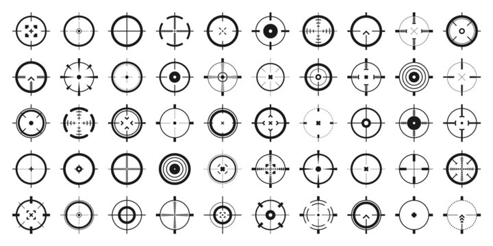 Crosshair, gun sight vector icons. Bullseye, black target or aim symbol. Military rifle scope, shooting mark sign. Targeting, aiming for a shot. Archery, hunting and sports shooting. Game UI element.