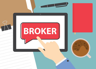 hand touching broker banner on tablet screen- vector illustration