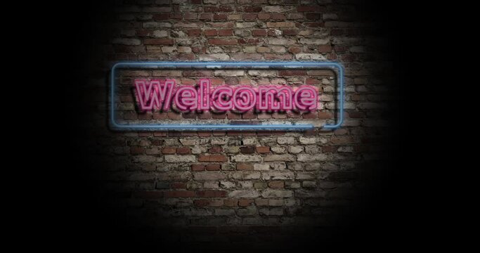 Beautiful neon Welcome sign on a brick wall, 4k texture