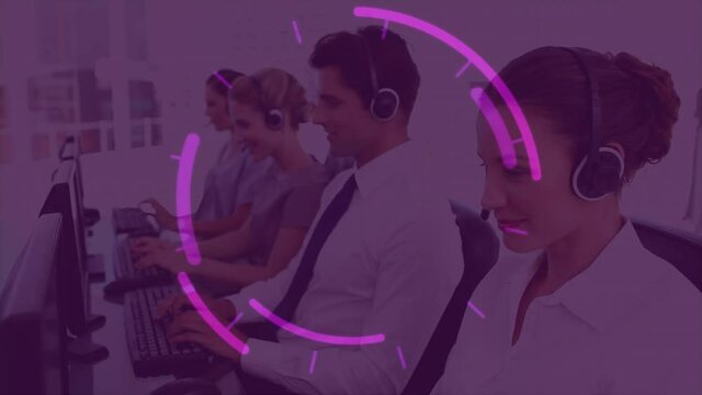 Abstract purple shapes against team of customer care executives working at office