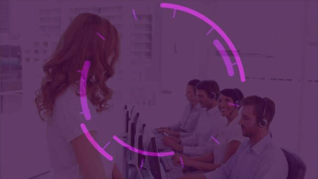 Abstract purple shapes against team of customer care executives working at office
