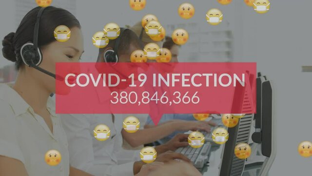 Covid-19 infection text with increasing cases and face emojis over customer care executives working