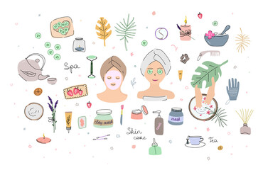 Bachelorette party at the Spa. A set of elements for a home Spa, face masks, tea, scented candles, a foot bath, a massage washcloth, a cucumber mask, facial skin care.Vector illustration in the doodle
