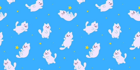 Cartoon cute cats astronauts flying in blue sky space with stars seamless pattern