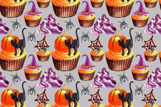 Halloween seamless pattern with sweets, capcake with pumpkins, hat, cat and chocolate spider web. Watercolor hand painting illustrations