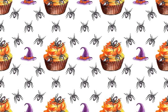 Halloween candy, seamless pattern. Capcake with magic hat and spiders. Watercolor hand painting illustration