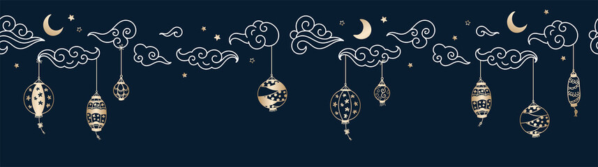 Cute hand drawn lantern hanging in the sky, seamless pattern, chinese clouds, moon and stars, great for background, wallpapers, wrapping, textiles - vector design