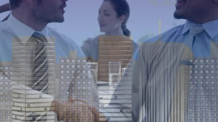 Digital composition of diverse businessmen shaking hands at office against 3d cityscape model - Powered by Adobe