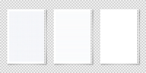 Realistic blank lined paper sheets in A4 format on transparent background. Notebook page, document. Design template or mockup. Vector illustration.