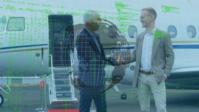 Spinning globe and data processing over two caucasian businessmen shaking hands at airport runway