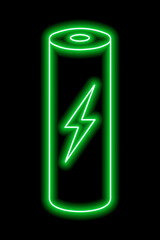 Green neon outline of battery with zipper on a black background. Charge sign. Electricity, power