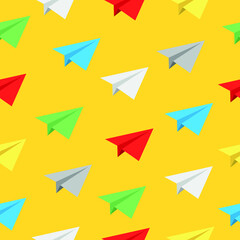 Different colors of realistic flying paper planes on yellow backdrop Vector seamless pattern background Can be used for wallpaper wrapping paper textile fabric prints card or banner template or else