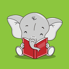 Cute elephant reading a book. Isolated vector