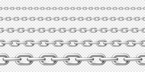 Realistic seamless metal chain with silver links on checkered background. Vector illustration.