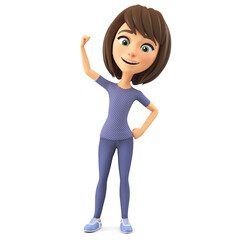 Cartoon character cheerful girl in a blue blouse celebrates a victory on a white background. 3d render illustration.