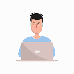 The guy is working at a laptop with headphones. A simple flat illustration depicts an administrator, freelance, support, education, working from home