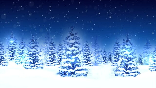 Winter scene as 4k animation loop. Christmas and New Year on shiny Xmas background. Snow winter forest under stormy snowfall sky. winter landscape with snowflakes, light, stars. Merry Christmas card.