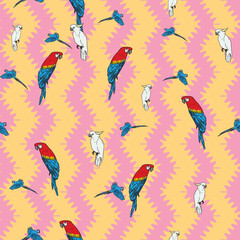 Vector orange background tropical birds, parrots, macaw, exotic cockatoo birds. Seamless pattern background