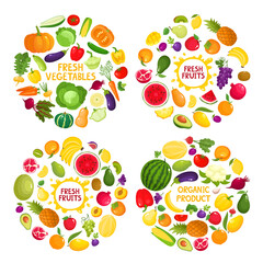 Bright vector set of colorful fresh fruit and vegetables in round. - 447760924