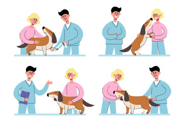 Vector collection of veterinarian conducts diagnostics and owner with dog