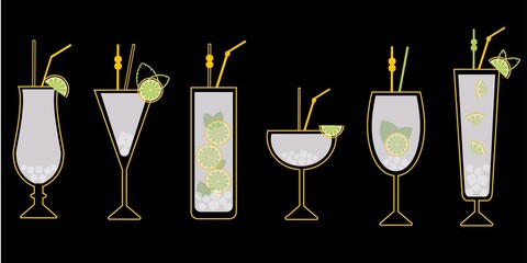 Set of  lime cocktails icons. Drink icon illustration on black background.