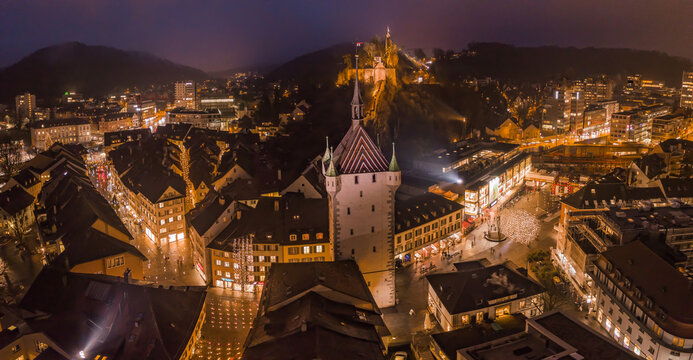 Panoramic aerial view of the old Town of Baden, Switzerland