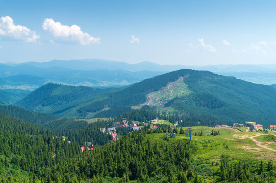 Panoramic view of the Dragobrat resort in Ukraine and the Carpathian mountains